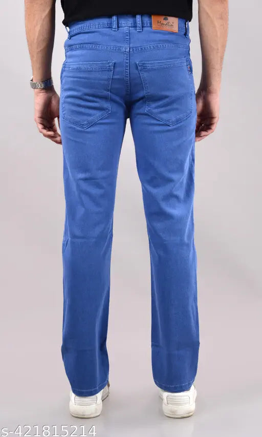 Mens unique skyblue stretchable denim jeans, solid pattern for versatile casual and semi-formal wear. Sizes: 42, 44, 46, 48, 50 (inches). Made in India