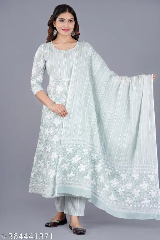 Bhawana textiles cotton printed Anarkali dupatta and pant set, traditional Indian ethnic wear in three-quarter sleeves, various sizes available