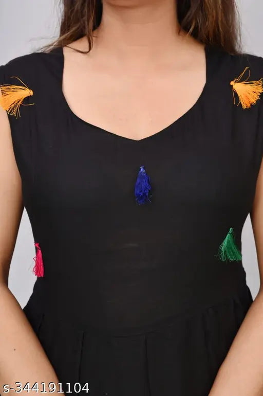 Black VOXXY rayon blend stitched anarkali gown with solid color