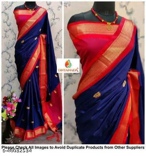 Navy Red Paithani Cotton Silk Saree with Blouse Piece, traditional Indian handloom in zari woven pattern on display