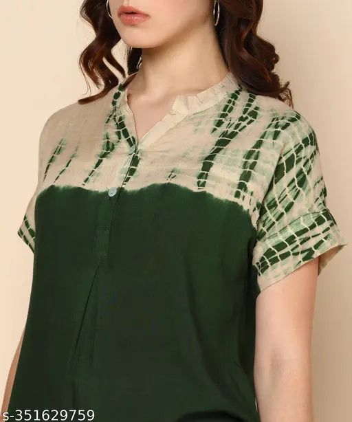 Ombre dyed olive green rayon top, short sleeves, printed pattern, comfortable and stylish, Indian-made fashion