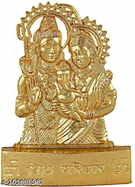 Gold-plated idol statue of Hindu deities Lord Shiva, Parvati, and Ganesha for worship