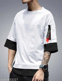 Men's cotton three-quarter sleeve summer trendy t-shirt with printed net design, featuring half sleeves and round neck. Available in sizes XS (34in chest, 25.5in length), S (36in chest, 25.5in length), and XL (40in chest, 26.5in length). Made in India