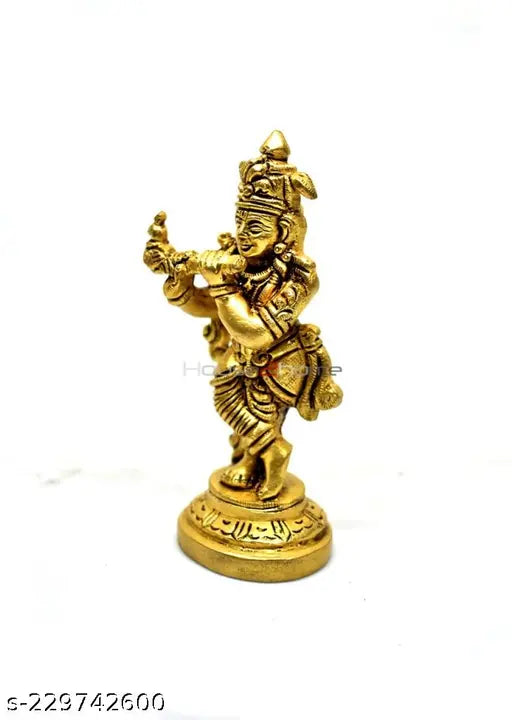 Brass antique Krishna statue, intricately detailed carving, Indian craftsmanship (3.5cm x 9cm x 3.5cm)