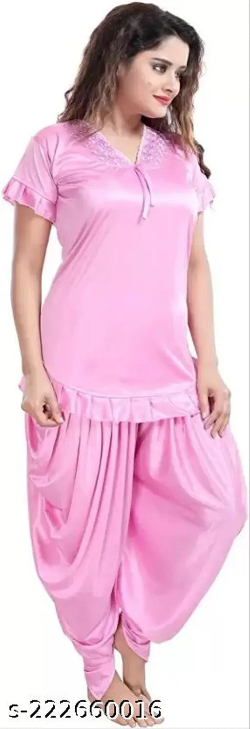 Baby pink satin night suit, KLEIDUNG Parjet for women and girls (M size)