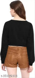 Black cotton blend crop top with long sleeves, solid round neck design for women, made in India