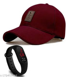 Black cotton baseball cap with adjustable fit and LED band watch combo, solid printed design for men and boys, Indian-made