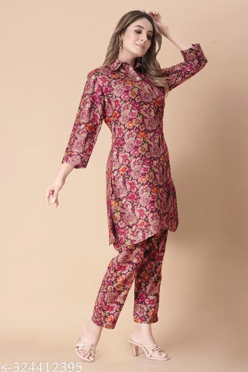 Designer rayon coordinate set, three-quarter sleeves, soft and comfortable for daily wear, women's fashion accessory from India