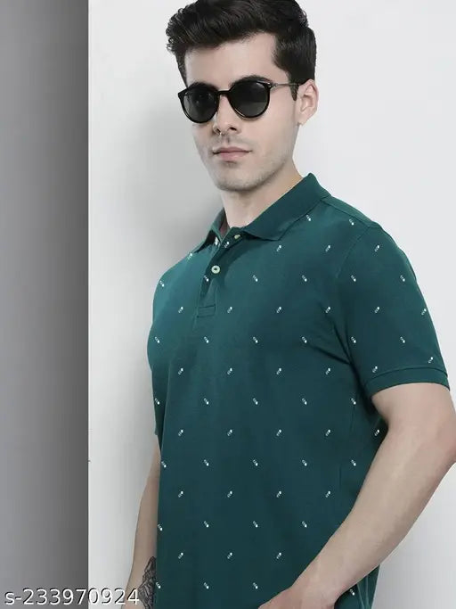 Men's cotton blend half sleeve polo t-shirt with printed merriment design, short sleeves, size M (40in chest, 27.5in length)