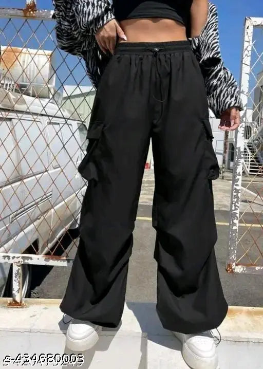 Black cargo pants with multiple pockets, cropped length