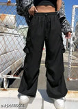 Black cargo pants with multiple pockets, cropped length