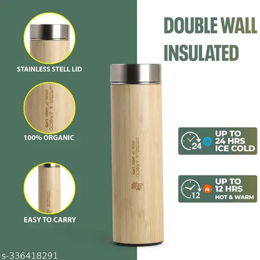 Greens and Bamboo Stainless Steel Bottle/Vaccum Insulated Bamboo Bottle with Double Wall Hot &Cold (450ml)
