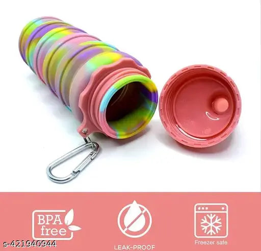 Multicolor collapsible silicone water bottle, BPA-free, 0.5L capacity, leak-proof, portable design with snap hook for easy carrying and storage