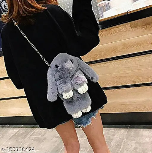 Furry plush toy in sling bag, pink and blue fur, for women and kids