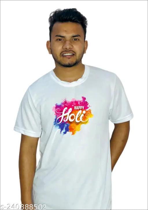Vibrant polyester Holi T-shirt with printed pattern, short sleeves, available in sizes XS-XXL