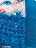 Solid blue Zamato saree with floral embroidery on a separate blouse piece, comfortable fit for women and girls