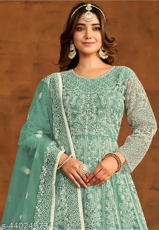 Embroidered net women's gown with dupatta, Indian Solid Net free size up to 2XL, sleeveless
