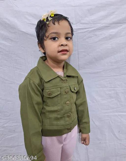 A child wearing an olive green denim jacket