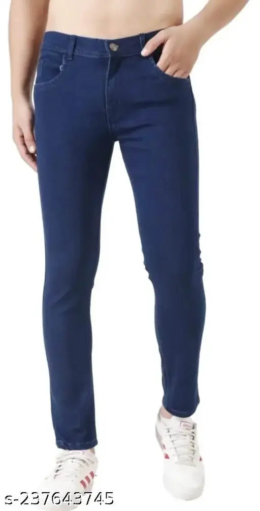 Dark blue stretchable denim men's slim fit jeans, high-quality solid print with excellent finishing and button closure. May vary due to lighting sources. Sizes: 28 (28in waist, 41in length), 32 (32in waist, 41in length). Origin: India
