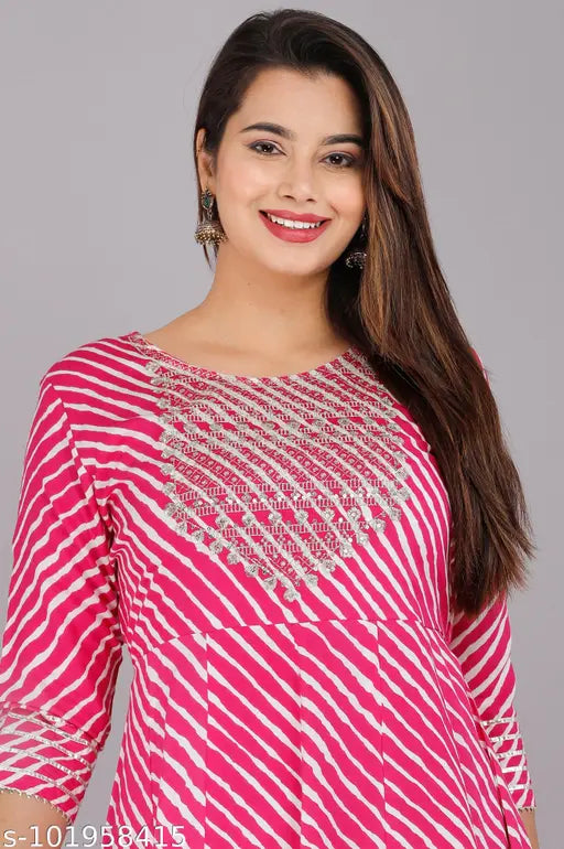 Rayon embroidered Anarkali gown, single size (S-XL), featuring yoke and laheriya print - Indian ethnic fashion