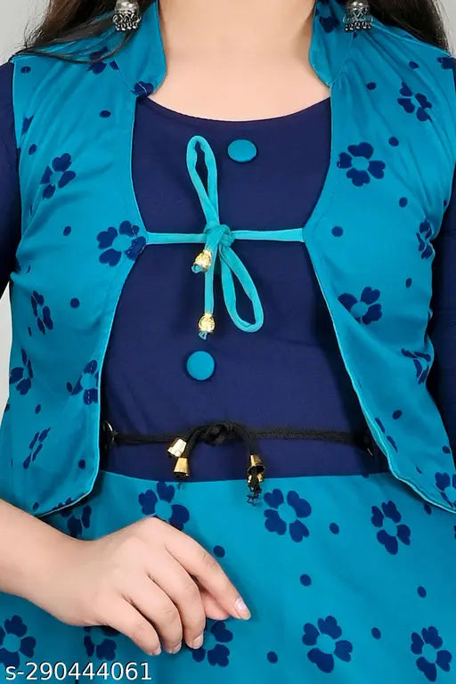 A M S long frock in a light blue color with a floral print and a black belt at the waist