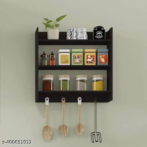 Wooden kitchen rack with shelves, utensils hooks, and spice bottles