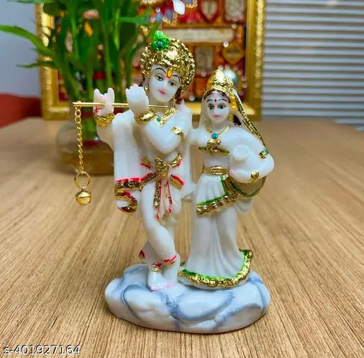 Marble Radha Krishna idol (10cm x 15.5cm x 7cm), Indian hand-painted spiritual decor item for home, office, or temple