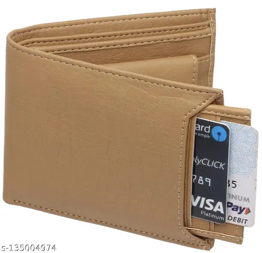 Beige PU leather men's wallet with 6 card slots, classic bi-fold design, perfect for everyday use or travel