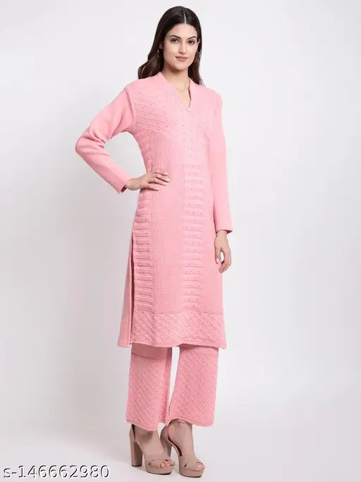 Winter woolen Kurta & Plazzo sets for women, embroidered net design, acrylic wool fabric, V-neck, three-quarter sleeves, side pockets