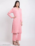 Winter woolen Kurta & Plazzo sets for women, embroidered net design, acrylic wool fabric, V-neck, three-quarter sleeves, side pockets