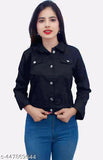 Black denim jacket, solid pattern, long sleeves, Zaar creation for all-season wear