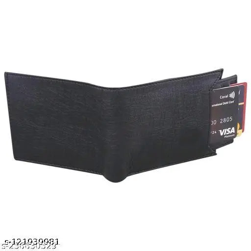 Black PU two-fold wallet for men & boys by TAQWA. Stylish, solid design with 5 compartments, coin pocket, and 2 currency pockets. Perfect daily use accessory for all trousers. Ideal gift for friends, boyfriends, husbands, or boys. Handcrafted in India