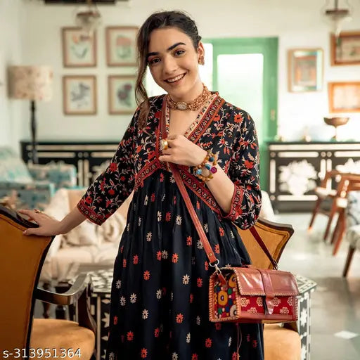 Black Rayon Anarkali Kurti, trendy floral print for women's ethnic wear party, comfortable three-quarter sleeves