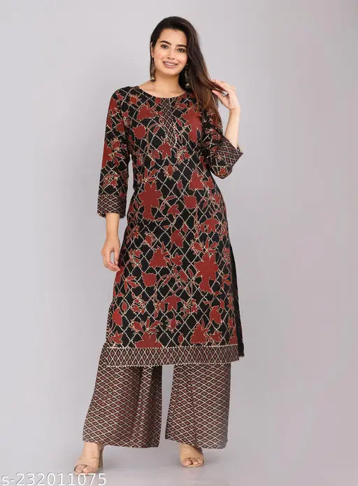 Black rayon kuti set with printed pattern, three-quarter sleeves and matching palazzos, available in sizes S-XXL