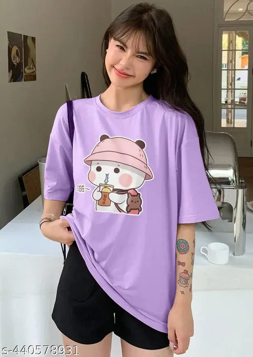 Purple oversized tee shirt with cartoon bear graphic