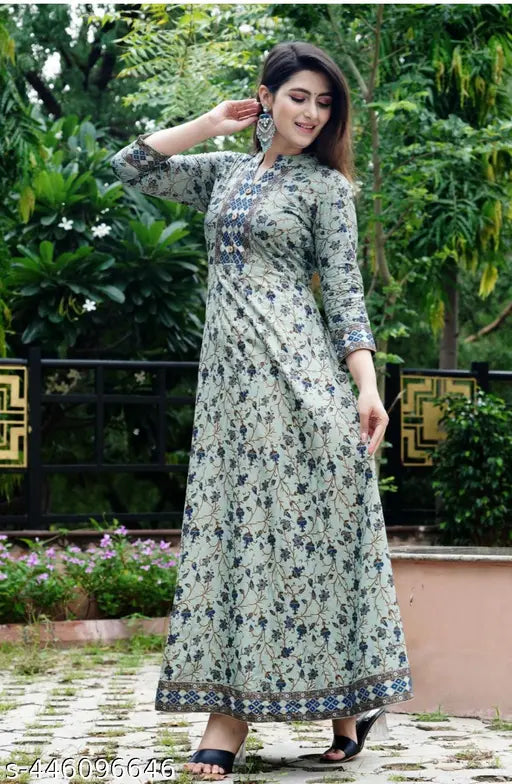 Peach rayon anarkali gown, mandarin neck with wooden show button, three-quarter sleeves, India-made, XS-XXXL sizes available