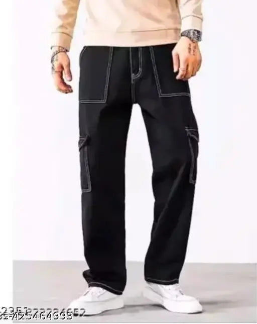 Black cotton men's cargo jeans with six pockets