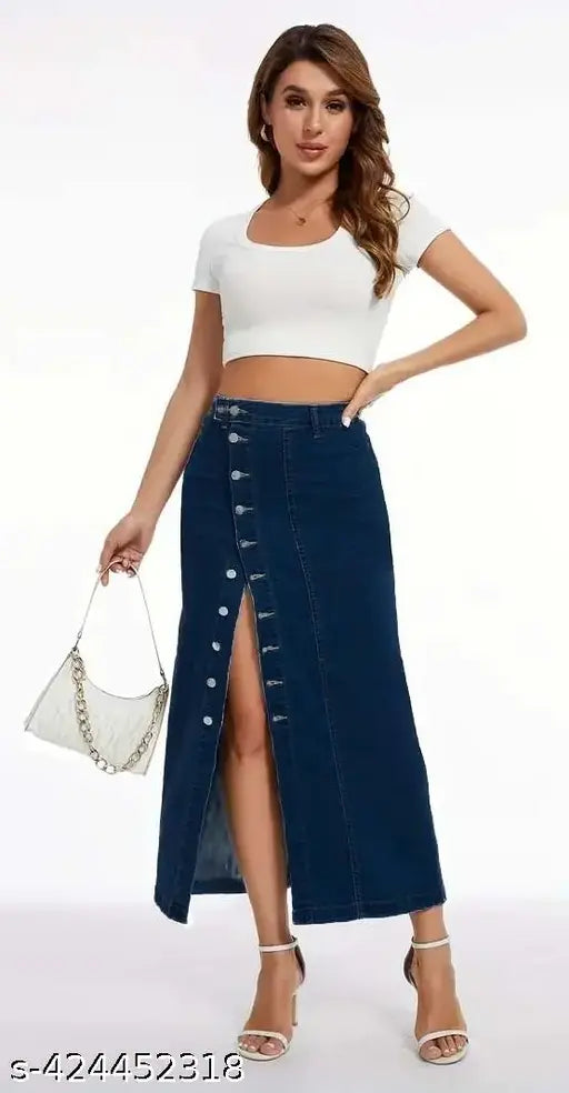 Navy blue denim maxi skirt with side button closure