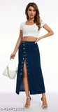 Navy blue denim maxi skirt with side button closure