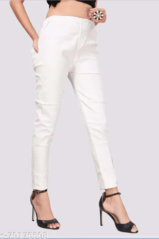High waist white denim jeggings by MM-21 for women, solid dobby denim fabric and elastic closure, size 30, 32, 34, 36, 38, 40, 42, 44, 46 (made in India)