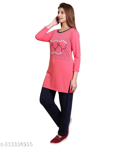VRINDA Spun Night Suit, hosiery fabric loungewear with three-quarter sleeves, printed net design, available in M, L, XL, XXL sizes