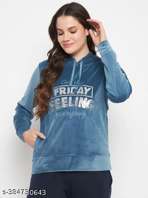 Camey Women Solid Hooded Velvet Embroidered Winter Sweatshirt with 2 pockets