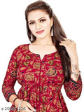 Maroon rayon three-quarter sleeve printed anarkali kurti for women, trendy Indian fashion
