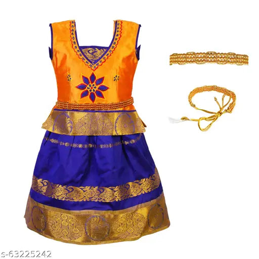 Chanderi silk Senpaga Pattu Lehenga Choli/Pavadi, embellished and embroidered ethnic wear for girls aged 6-8 years, South Indian style