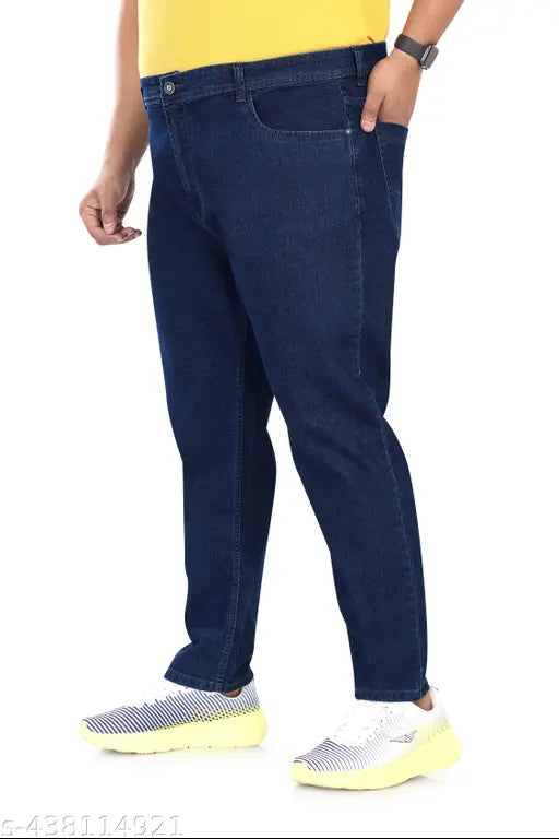 Men's regular fit plus size dark blue denim jeans, ideal for casual office party wear