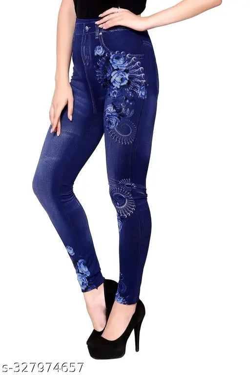 Blue printed denim look Jegging for women and girls, made of stretchable cotton poly blend fabric. Printed net pattern, fits perfectly from toes to waist, no real pockets or embroidery. Made in India, size options available