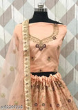 Peach net Lehenga Choli with embroidered top and dupatta, ideal for normal occasions or gifting