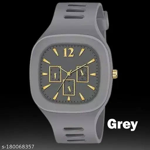 Grey watch with black square dial, smooth silicone strap, and trendy color. Trendy design from Miller for men, boys, and sport watches