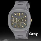 Grey watch with black square dial, smooth silicone strap, and trendy color. Trendy design from Miller for men, boys, and sport watches