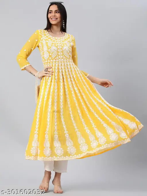 Yellow embroidered Chikankari Georgette Anarkali Kurta, three-quarter sleeves on Indian woman